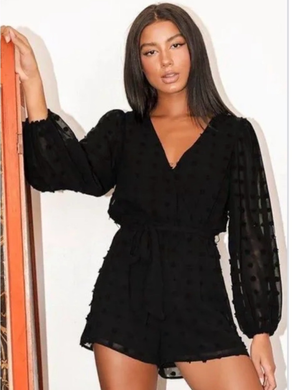 Lulu's Black Swiss Dot Long Sleeve Romper